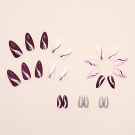 MERVF Press on Nails Medium Almond Fake Nails Stiletto Glue on Nails with Glitter Lines Design 24pcs Purple and White Glossy Acrylic Nails for Women