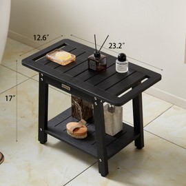 LaFroug Large Shower Stool for Inside Shower, Poly Lumber Shower Bench Seat to Sit On, HDPS Bath Shower Chair Seat with Shelf, Shower Foot Rest for Shaving Legs, No Maintenance, Water-Resistant, Black