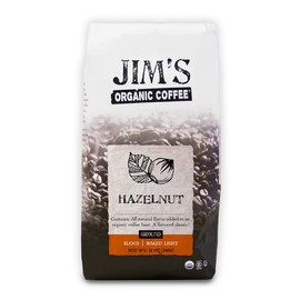 Jim’s Organic Coffee – Hazelnut, All Natural Flavored Blend – Light Roast, Ground Coffee, 12 oz Bag