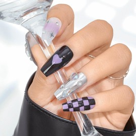 Sethexy Long Ballerina Press On Nails Hand-painted Glossy Handmade False Nails Glitter Acrylic Checkerboard Fake Nail for Women and Girls 20PCS (K)