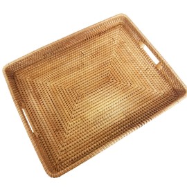 i-lan 20 Inch Handmade Rectangular Countertop Serving Trays with Cutout Handles,Rustic Decorative Rattan Woven Platter Holding Breakfast,Fruits,All Dish and Table Accessories.