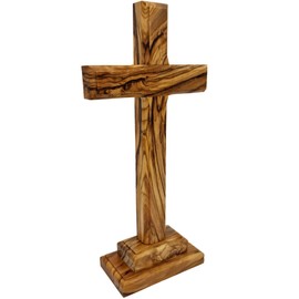 Lunexus Olivenholz Standkreuz 18,5 cm - Handgefertigt in Bethlehem - Gesegnet mit Weihezertifikat - Christliches Tischkreuz mit Standfuß - Geschenk zur Taufe, Kommunion, Firmung - Deko Holzkreuz