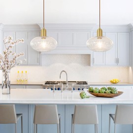 Mid Century Modern Pendant Light, Gold Globe Kitchen Island Pendant Light Fixture, Minimalist Ribbed Pendant Light with Clear Glass, Adjustable Hanging Light Ceiling Hanging Lamp for Dining Room