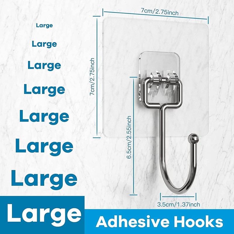 Stainless Steel Large Adhesive Hooks (8 pcs) - 22Ib/10KG Max,