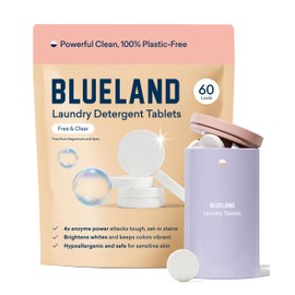 BLUELAND Laundry Detergent Tablets, Starter Set, 60 Count with Tin, Plastic-Free Eco-Friendly Pods, Sheets, Liquid Alternative - Fragrance Free and Clear, Natural, Gentle