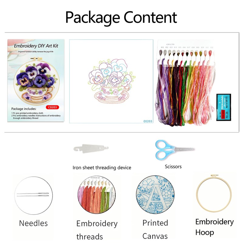Zhenqing Pansy Embroidery Kit for Beginners, Pre-Printed 29x29cm Cotton Fabric