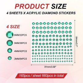 PATIKIL 660 Pcs Acrylic Gem Stickers 4 Size 3/4/5/6mm Self Adhersive Rhinestone Face Gems Stone Bling Jewelry Nail Art Crafts Outfits DIY Makeup Decoration Party Dark Green