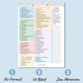 Packing list pad in DIN A5 format with 50 sheets – travel checklist for practical travel preparation for ticking off – from Sophies Kartenwelt