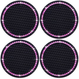 MEAJOO 4PCS Bling Cup Holder Coaster, 2.75 Inch Auto Car Cup Holder Insert Coasters, Soft Silicone Anti-Slip Shockproof, Universal Vehicle Interior Accessories for Women Girls (Black & Pink)