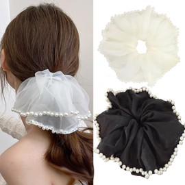 HAPVITAL Chou Chou Chiffon Chou Stylish Adult Hair Rope Hair Elastic Adult Elegant Hair Accessory Satin Simple Hair Accessory Hair Ornament Large Solid Extra Large (Pearl Design)