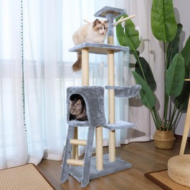 JAMESVAN Cat Tree, 54.3 Inch Tall, Multi-Level Cat Activity Center with Cat Condo, Hammock & Scratching Posts, Light Grey