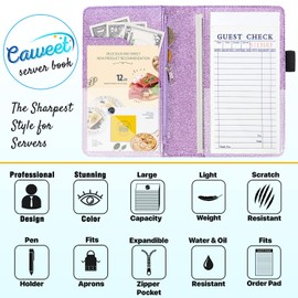 Caweet Server Book for Waitress-Leather Waitress Book Organizer with Zipper Pocket Cute Waiter Book Server Wallet with Elastic Band Closure, Glitter Purple Glitter Purple