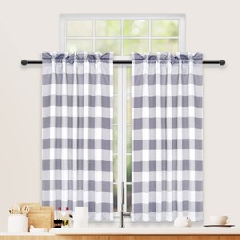 Simple Deluxe Buffalo Plaid Check Kitchen Tier Curtains, Short Small Window Gingham Curtain for Cafe, Bathroom, Kitchen Rod Pocket Curtains, 26" W x 36" L, White and Gray