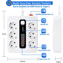 Steckdosenleiste mit USB Type-C, Steckdosenleiste Überspannungsschutz, Mehrfachstecker Steckdosenturm mit Schalter, Verlängerungskabel 2M für Zuhause(weiß)