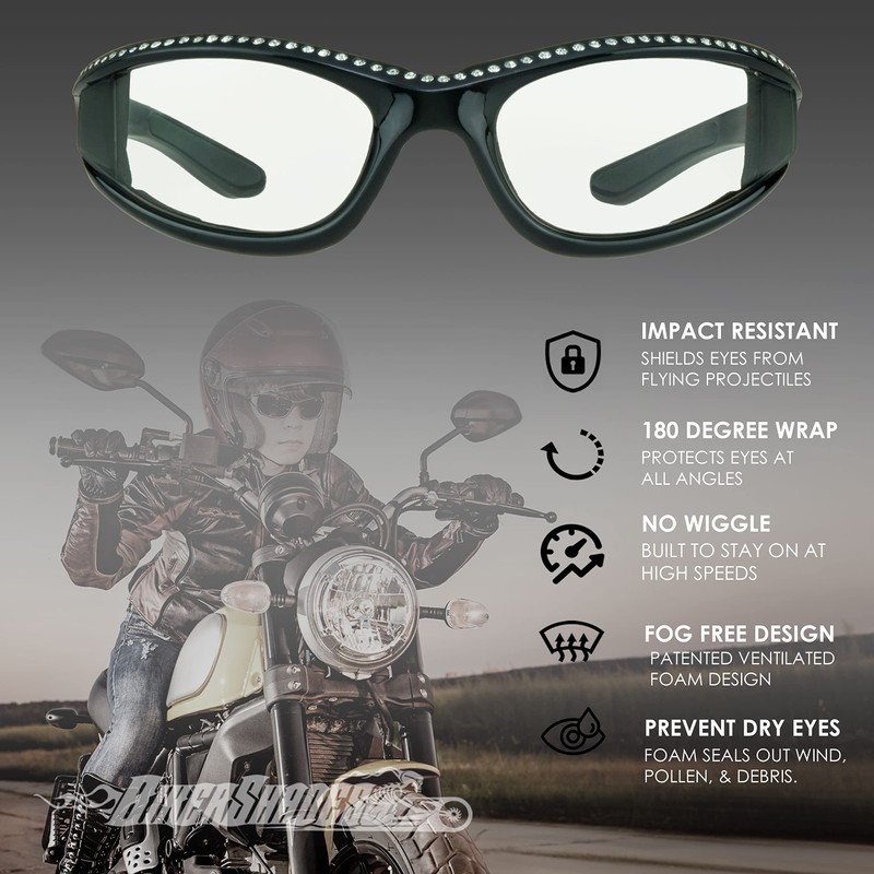 Bikershades Motorcycle Transitional Riding Glasses Womens Black Frame Rhinestones Day
