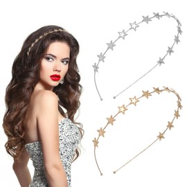 WLLHYF 2 Pieces Star Headbands Christmas Star Rhinestone Headband for Women and Girls Pearl Rhinestone Headdress Wedding Headpiece for Bride Gold Silver Metal Hair Bands Accessories