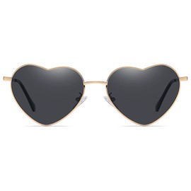 Ggpyyon Heart Sunglasses Women's Polarised Love Heart Shape Sunglasses Hippie Glasses Metal Frame Trendy UV400 Protection, Gold/Grey