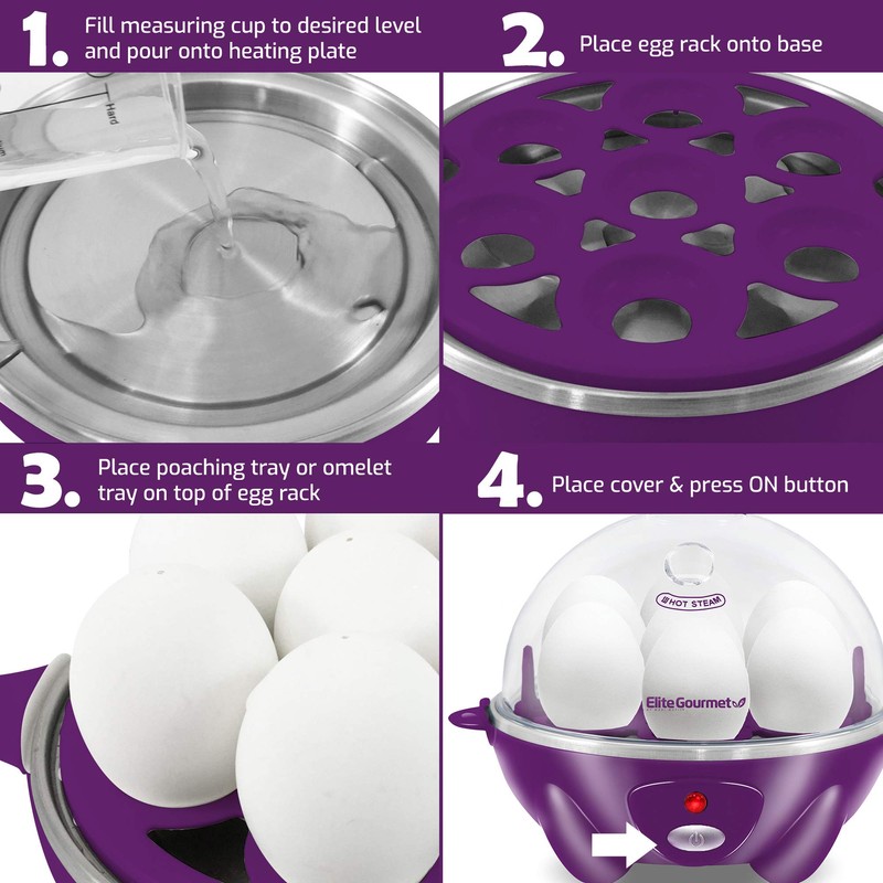Elite Gourmet Easy Electric 7 Egg Capacity Cooker, Poacher, Omelet