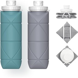 Botella de agua deportiva plegable, 2 botellas de agua blandas con válvula a prueba de fugas, botella de agua de silicona portátil sin BPA para gimnasio, correr, andar en bicicleta, acampar, etc.