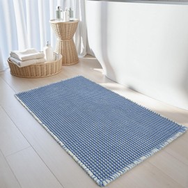 Ultra Soft Waffle Bath Mat, Super Absorbent Nonslip Washable Bath Mats Two-Color Woven Bathroom Rugs with Tassles, Boho Bath Rugs for Bathroom Floor, Blue & Cream, 17'' × 24''
