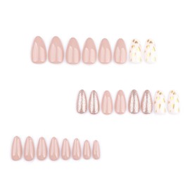 24Pcs Gold Foil Heart Acrylic Fake Nail Valentines Press on Nails Glossy Gold Glitter Medium Almond False Nails Gold Love Heart Stick on Nails Romantic Gift Gel Glue on Nails for Coquette Women Girls