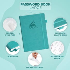 Clever Fox Password Book with Alphabetical tabs. Internet Address Organizer Logbook. Large Password Keeper for Website Logins (Turquoise)