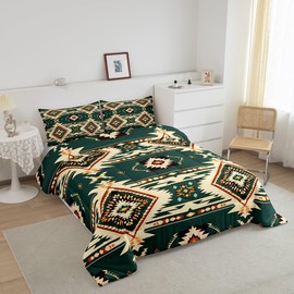 Feelyou Deep Green Southwestern Bedding Set Full Size Geometric Comforter Set Tribal Native American Indian Design Vinatge Comforter Decor Exotic Style Stripe Line Duvet Set