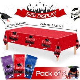 3 Pcs Graduation Class of 2025 Tablecloth, Congrats Grad Plastic Table Cloth, 54 x 108 Inch Grad Disposable Rectangle Table Cover for Graduation Party Supplies, Grad Celebration Party Decoration