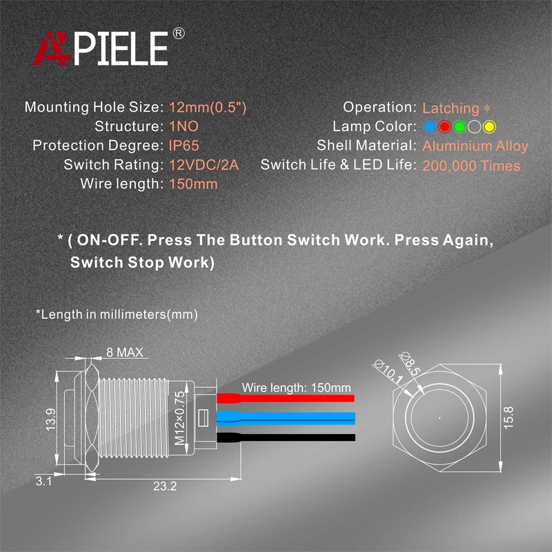 APIELE 12mm Latching Push Button Switch SPST Pre-Wired 150mm High