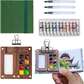 Aimery Mini Watercolor Paint Set Travel, Tiny Mini Small Paint Painting Pallete Water Color Painting Travel Art Kit with Sketchbook & Wooden 8 Grid Paint Box(Pine Green)