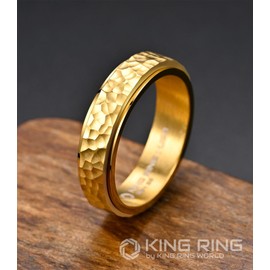 King Ring 6mm Spinner Hammered Ring – Shining Fidget Ring for Stress Relief Stainless Steel Spin Rotating Ring for Men & Women K39V2 – Gold 7