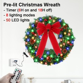 24" Prelit Christmas Wreath for Front Door - 50 Colorful Lights & Timer & Remote - Pre-Decorated Lighted Christmas Door Wreath with Pinecone, Berries, Bow and Wreath Hanger for Christmas Decorations