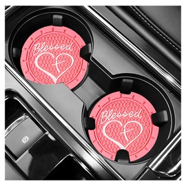 NYTKL 2PCS Car Cup Holder Coaster, 2.76 Inch PVC Anti Slip Car Cup Insert Coaster with Blessed Cross and Heart, Shockproof Dustproof Drink Mat Universal for Most Vehicles Interior (Pink)