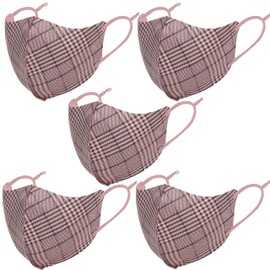Women's Mask, Stylish, Adult, Cute, Tartan Checkered Pattern, Washable, Design, Pink, 5 Pieces (Mask Case, Portable, Convenient, Zip Type, Individually Packaged)
