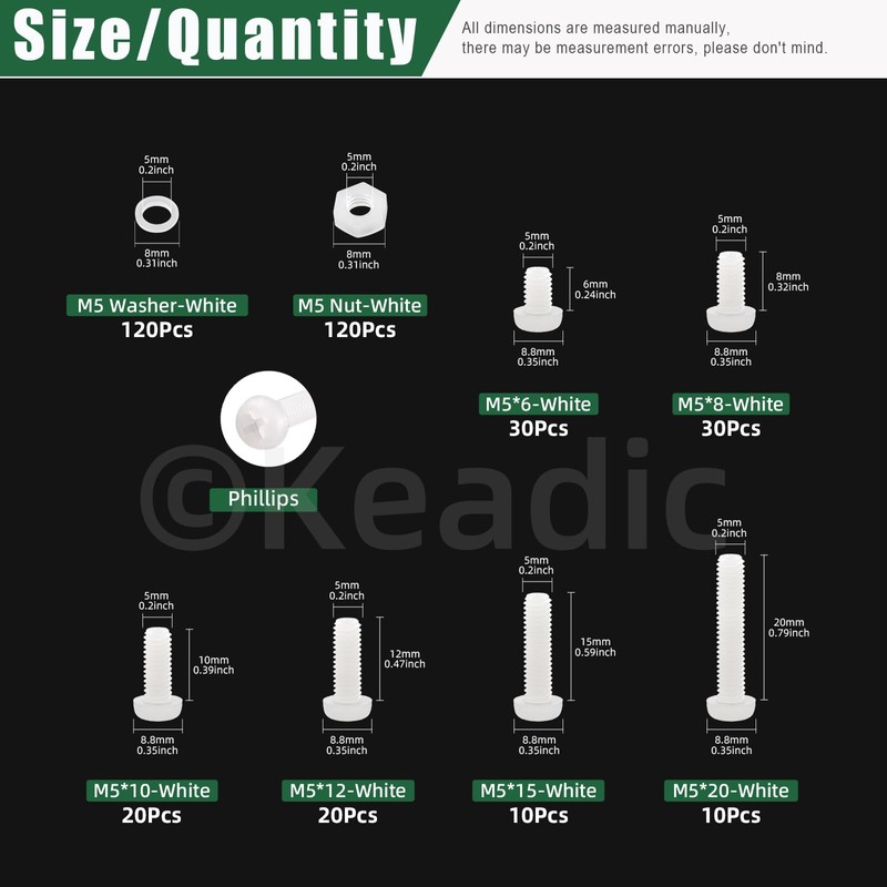 Keadic 360Pcs M5 White Nylon Plastic Pan Round Head Screws,