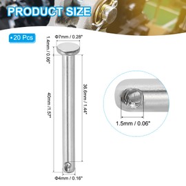 PATIKIL 4 x 40 Mm Single Hole Clevis Pins, 20 Pcs 304 Stainless Steel Flat Head Pin for Hitch Pin Lock Link Hinge Systems, Silver