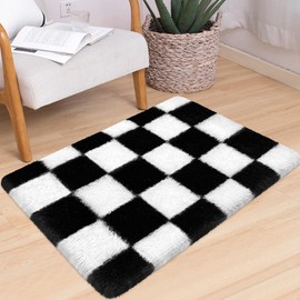 ATRUG Small Checkered Rug for Bedroom 2x3 ft Fluffy Soft Black and White Rug Furry Shaggy Bedside Throw Rug Indoor Modern Fuzzy Plush Small Carpet for Living Room Nursery Kids Girls Boys Home Decor