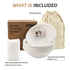 6x 10inch Round Pulp Sourdough Banneton Bread Proofing Basket Brotform Baking Supply with 30pcs Disposable Non-Woven Liners and Storage Bag for Professional and Homemade Bread