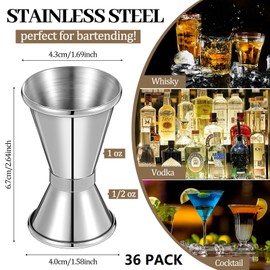 Amyhill 36 Pcs Double 1/2 & 1 oz Bar Jigger Stainless Steel Cocktail Shot Jigger Measuring Liquor Cup Bartender Supplies for Bar Bartending Party