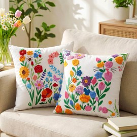 2 Pcs Flower Throw Pillow Covers 18 x 18 Inch Spring Embroidered Pillow Cover with Zipper Colorful Floral Pillowcase Soft Boho Cushion Case for Living Room Couch Sofa Bed