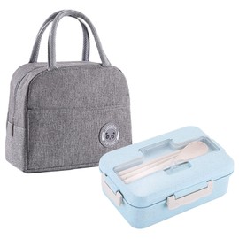 Bento Lunch Box for Adults and Kids, Wheat Straw Meal Prep Containers with Spoon, Chopsticks and Lunch Bag, Leakproof BPA Free 3 Compartment Lunch Containers for Schools Work Travel(Blue)