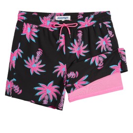 maamgic Mens 5.5 Inch Swim Trunks with Compression Liner Board Shorts Quick Dry Beach Swimwear with Zipper Pockets Pink Coconut Tree Large