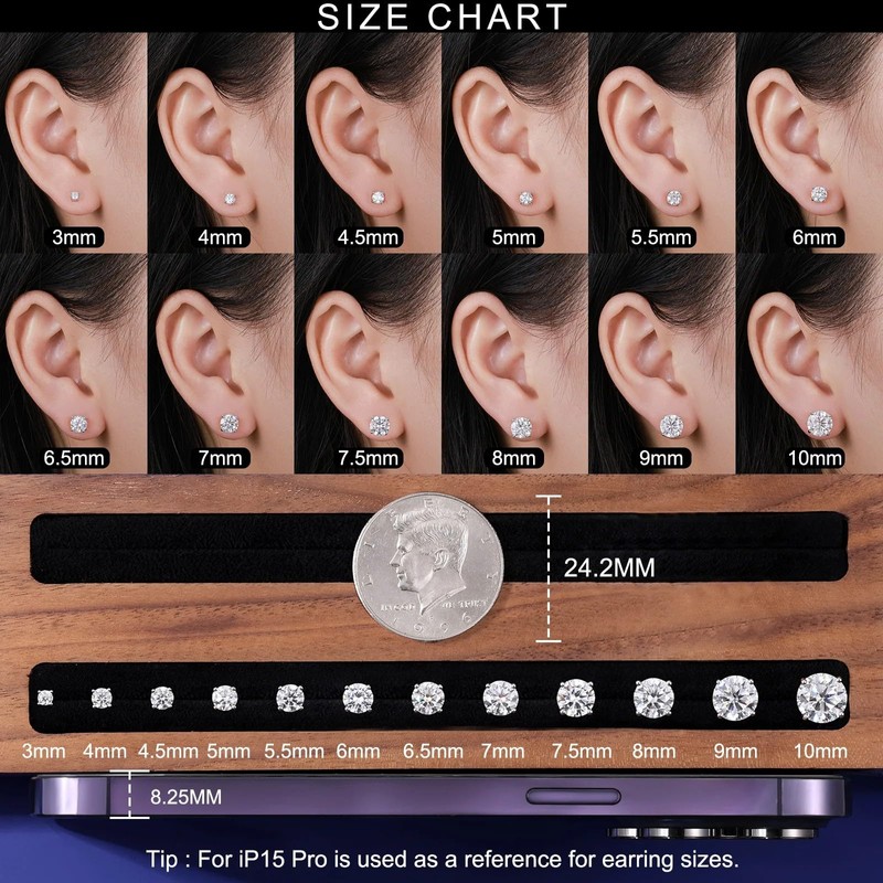 Moissanite Earrings, 3-10MM Diamond Stud Earrings For Women Men 925