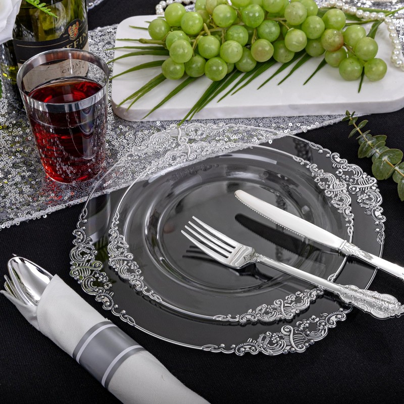 Morejoy 350PCS Clear Silver Plastic Plates - Silver Disposable Plates