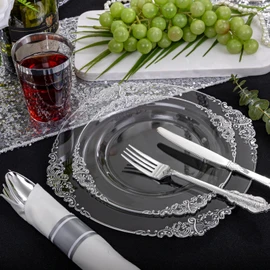 Morejoy 350PCS Clear Silver Plastic Plates - Silver Disposable Plates Include 50 Dinner Plates,50 Salad Plates,50 Forks,50 Knives, 50 Spoons，50 Cups, 50 Rolled Napkins for Wedding & Party