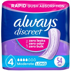 Always Discreet Adult Incontinence Pads for Women, Moderate Absorbency, Long Length, Postpartum Pads, 54 Count