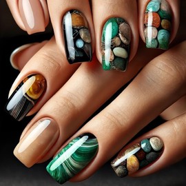 24Pcs Spring Press on Nails Medium Square Fake Nails with Marble Pebbles Designs Summer False Nails Glossy Glue on Nails Reusable Full Cover Stick on Nails for Women Girls DIY Manicure