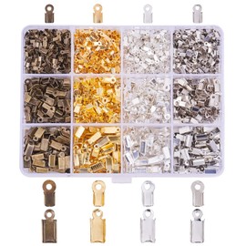 PH PandaHall 1760 Pcs 4 Colors Iron Fold Over Cord Ends Terminators Crimp End Tips for Leather 3mm 3.5mm 4mm for Bracelet Necklace Jewelry DIY Craft Making