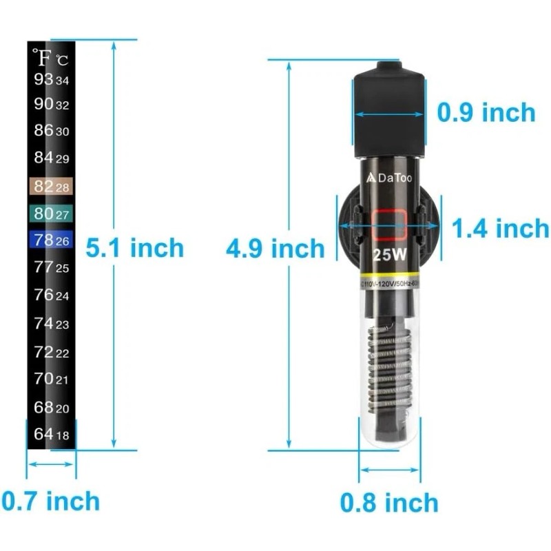 DaToo Mini Aquarium Heater 25W Small Fish Tank Heater 25