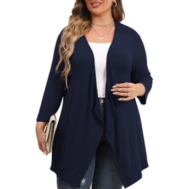 TIANZHU Elegant Plus Size Cardigan Women Lightweight Open Front 3/4 Sleeve Duster 4XL Navy Blue